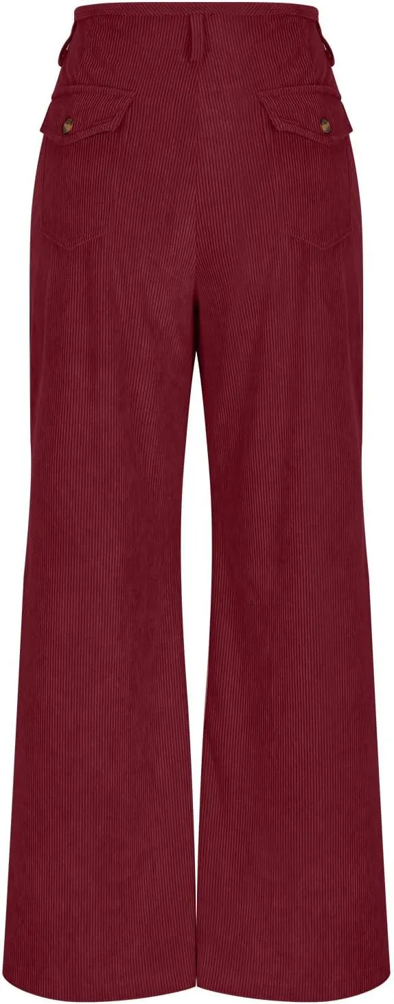 Women Fashion Button Elastic High Waist Trousers Solid Loose Wide Leg Pants Casual Straight Leg Pants with Pocket