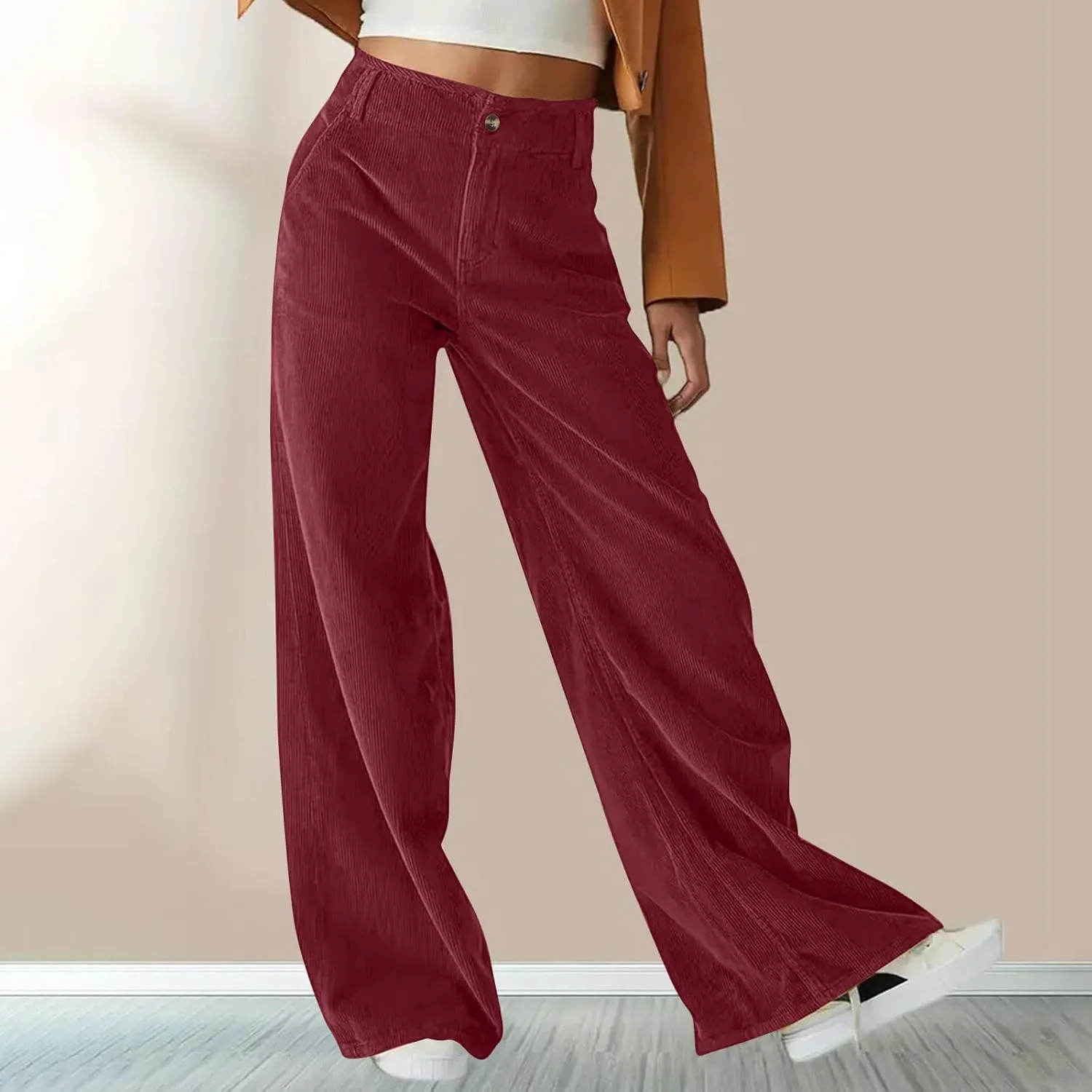 Women Fashion Button Elastic High Waist Trousers Solid Loose Wide Leg Pants Casual Straight Leg Pants with Pocket