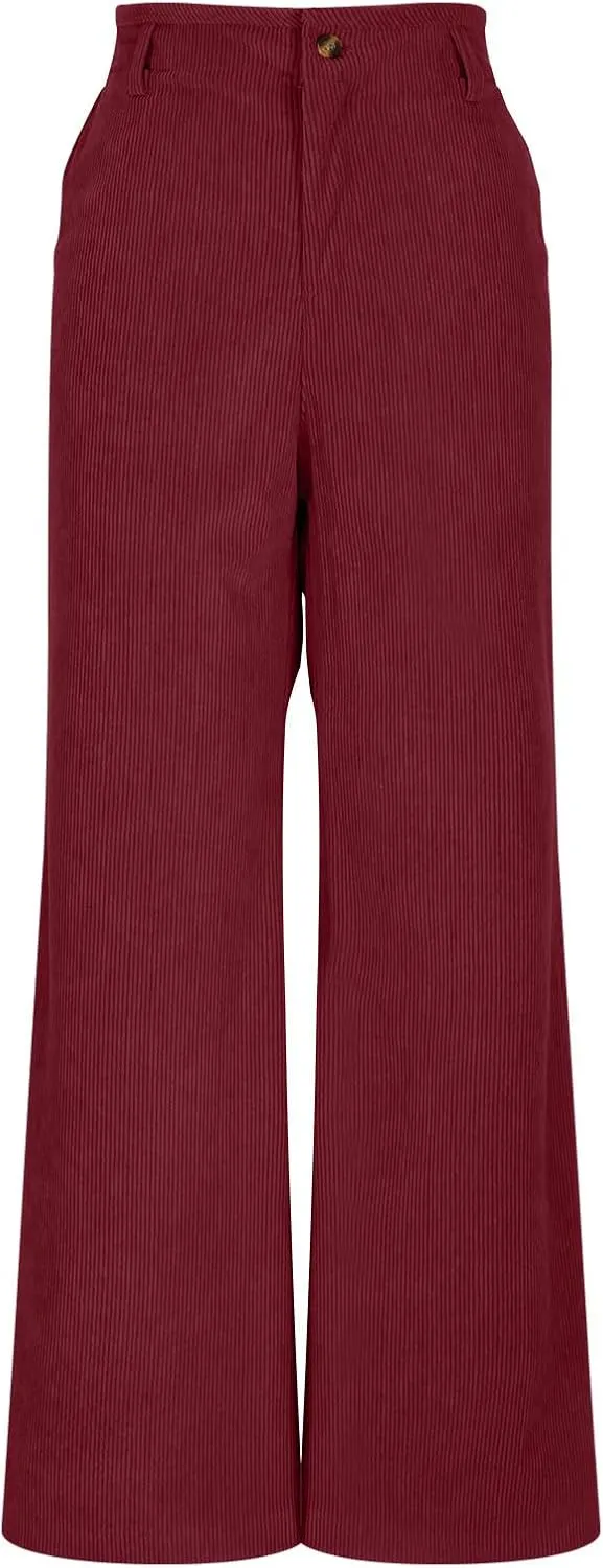 Women Fashion Button Elastic High Waist Trousers Solid Loose Wide Leg Pants Casual Straight Leg Pants with Pocket