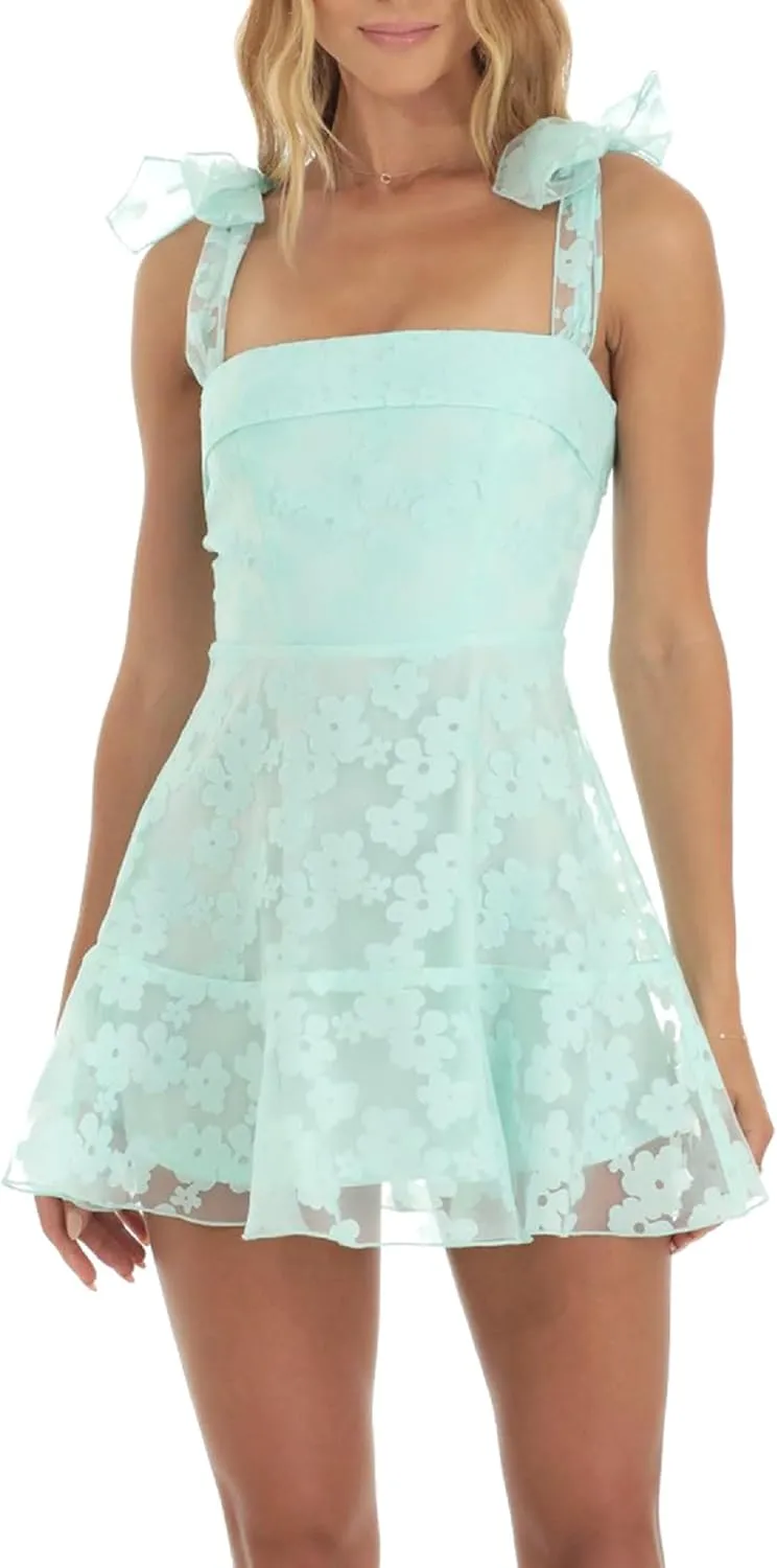 Women Floral Lounge Mini Dress Sleeveless Tie Shoulder Ruffle Babydoll Dress Y2k Backless Short Sundress