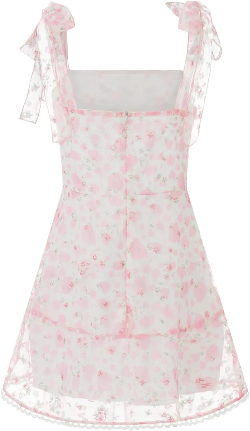 Women Floral Lounge Mini Dress Sleeveless Tie Shoulder Ruffle Babydoll Dress Y2k Backless Short Sundress