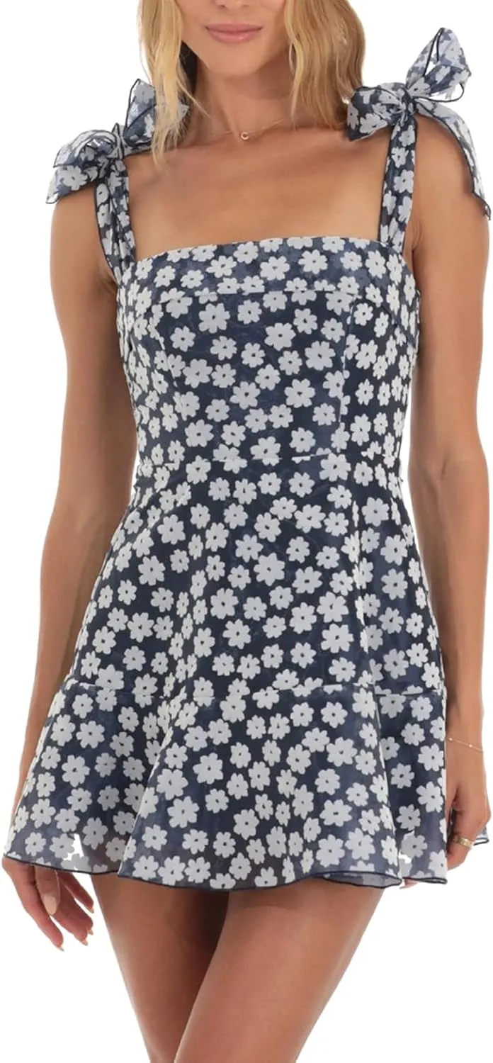 Women Floral Lounge Mini Dress Sleeveless Tie Shoulder Ruffle Babydoll Dress Y2k Backless Short Sundress