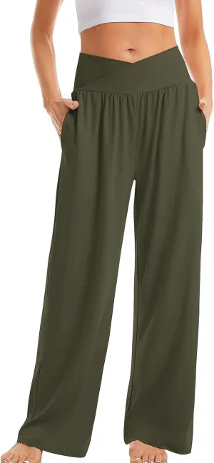 Women High Waist Straight Leg Pants Solid Color Crossed Trousers Casual Loose Sports Pant Slim Stretchy Yoga Pants
