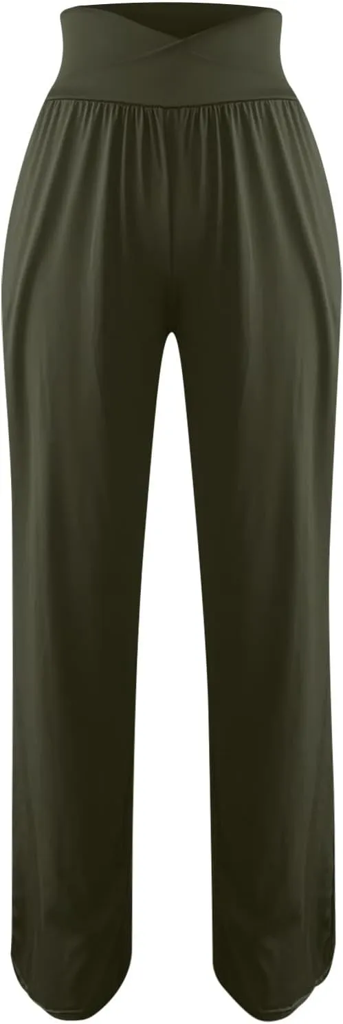Women High Waist Straight Leg Pants Solid Color Crossed Trousers Casual Loose Sports Pant Slim Stretchy Yoga Pants