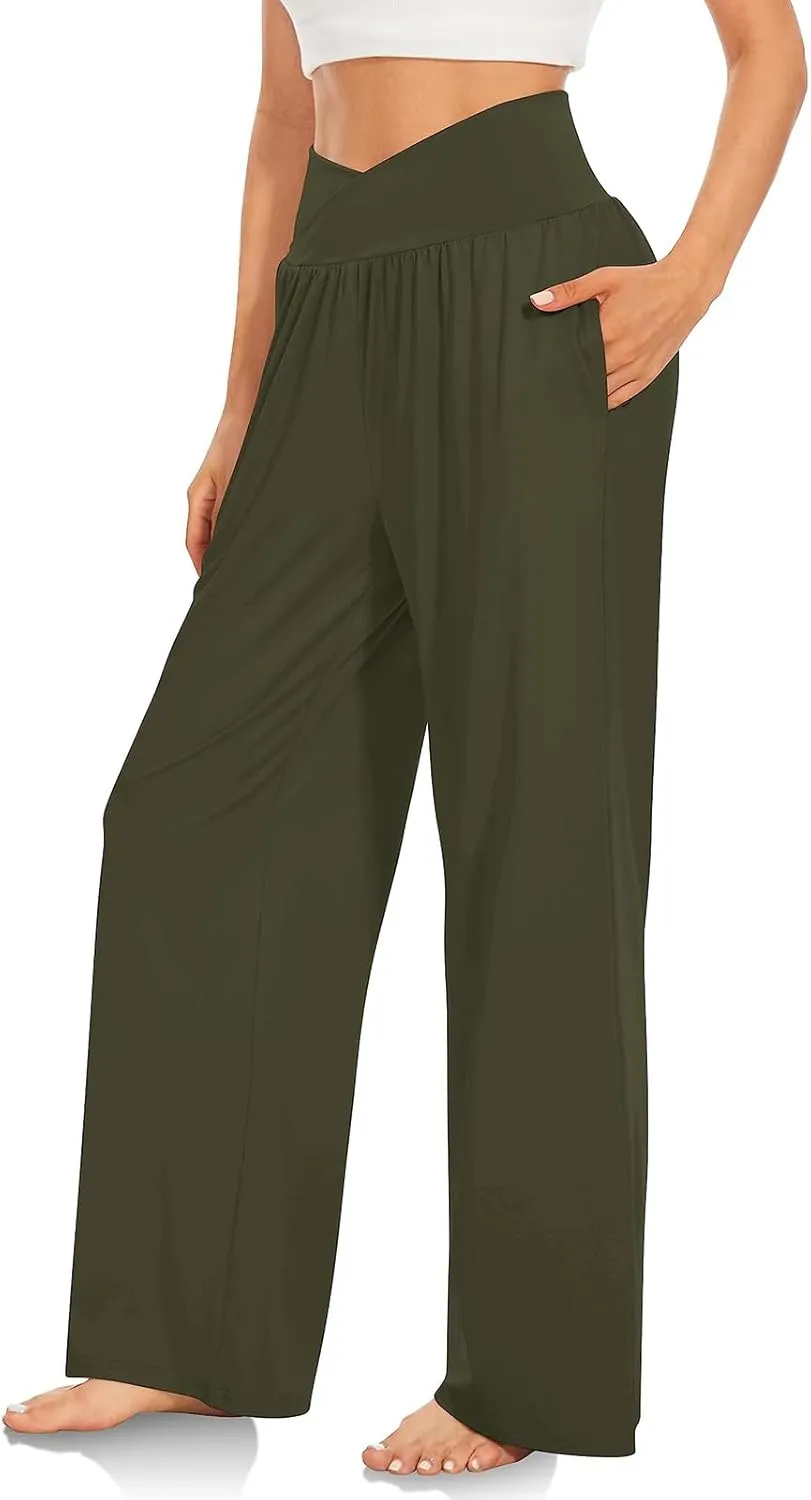 Women High Waist Straight Leg Pants Solid Color Crossed Trousers Casual Loose Sports Pant Slim Stretchy Yoga Pants
