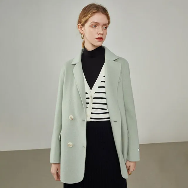 Women  New Light Green Full Wool Double-breasted Short Blazer Commuter Winter Warming Casual Woolen Coats