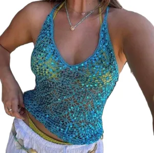 Women Sequin Halter Crop Top Sparkle Glitter Sleeveless Backless Cami Tank Tops Y2K Overall Sequins Camisole Going Out