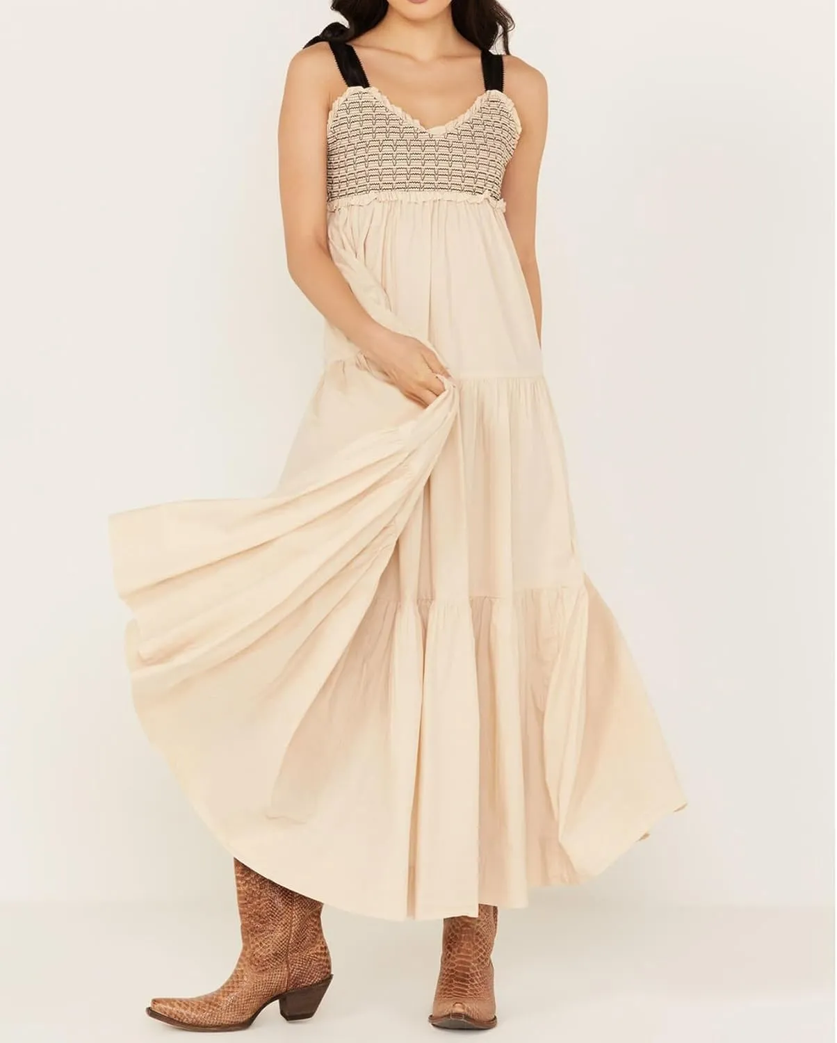 Women Summer Boho Tie Shoulder Dress Floral Smocked Flowy Tiered Maxi Dress Ruffle Going Out Beach Sundress