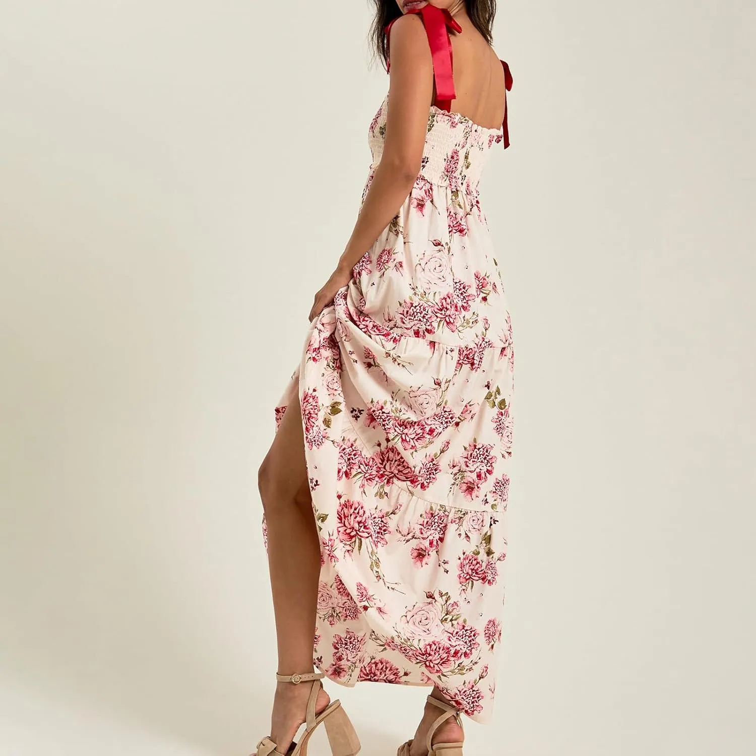 Women Summer Boho Tie Shoulder Dress Floral Smocked Flowy Tiered Maxi Dress Ruffle Going Out Beach Sundress