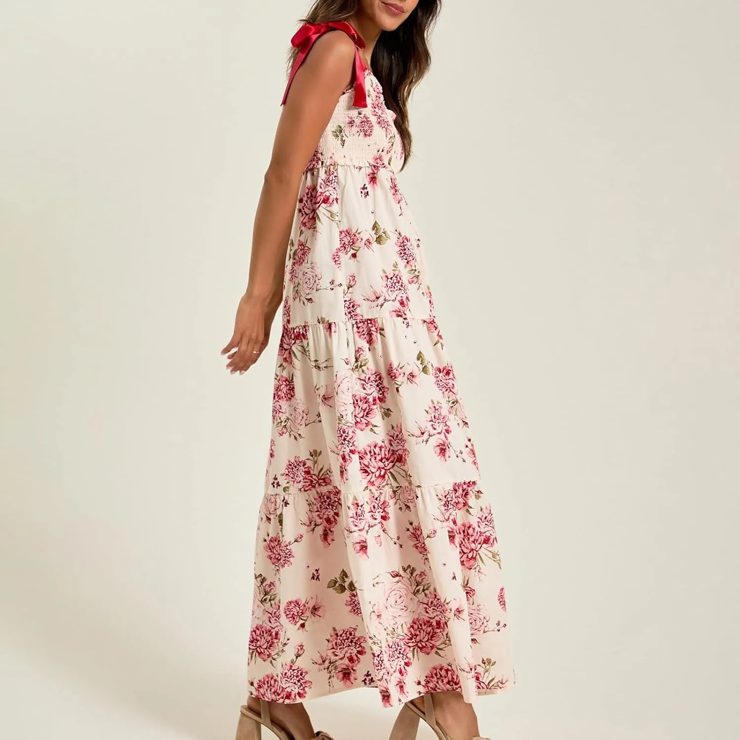 Women Summer Boho Tie Shoulder Dress Floral Smocked Flowy Tiered Maxi Dress Ruffle Going Out Beach Sundress