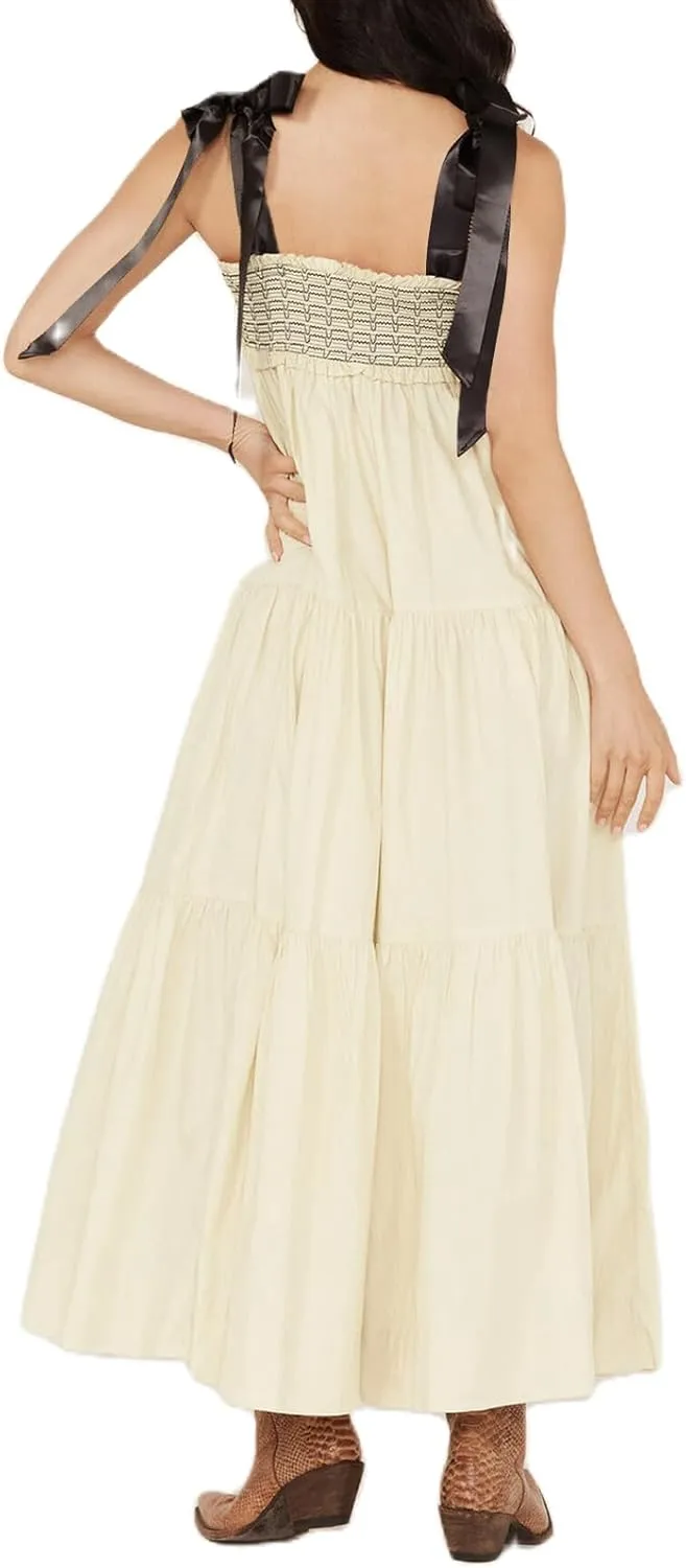 Women Summer Boho Tie Shoulder Dress Floral Smocked Flowy Tiered Maxi Dress Ruffle Going Out Beach Sundress