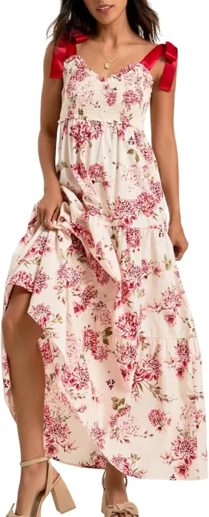 Women Summer Boho Tie Shoulder Dress Floral Smocked Flowy Tiered Maxi Dress Ruffle Going Out Beach Sundress