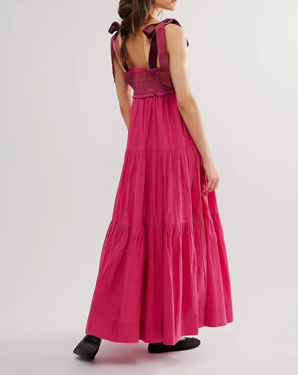 Women Summer Boho Tie Shoulder Dress Floral Smocked Flowy Tiered Maxi Dress Ruffle Going Out Beach Sundress