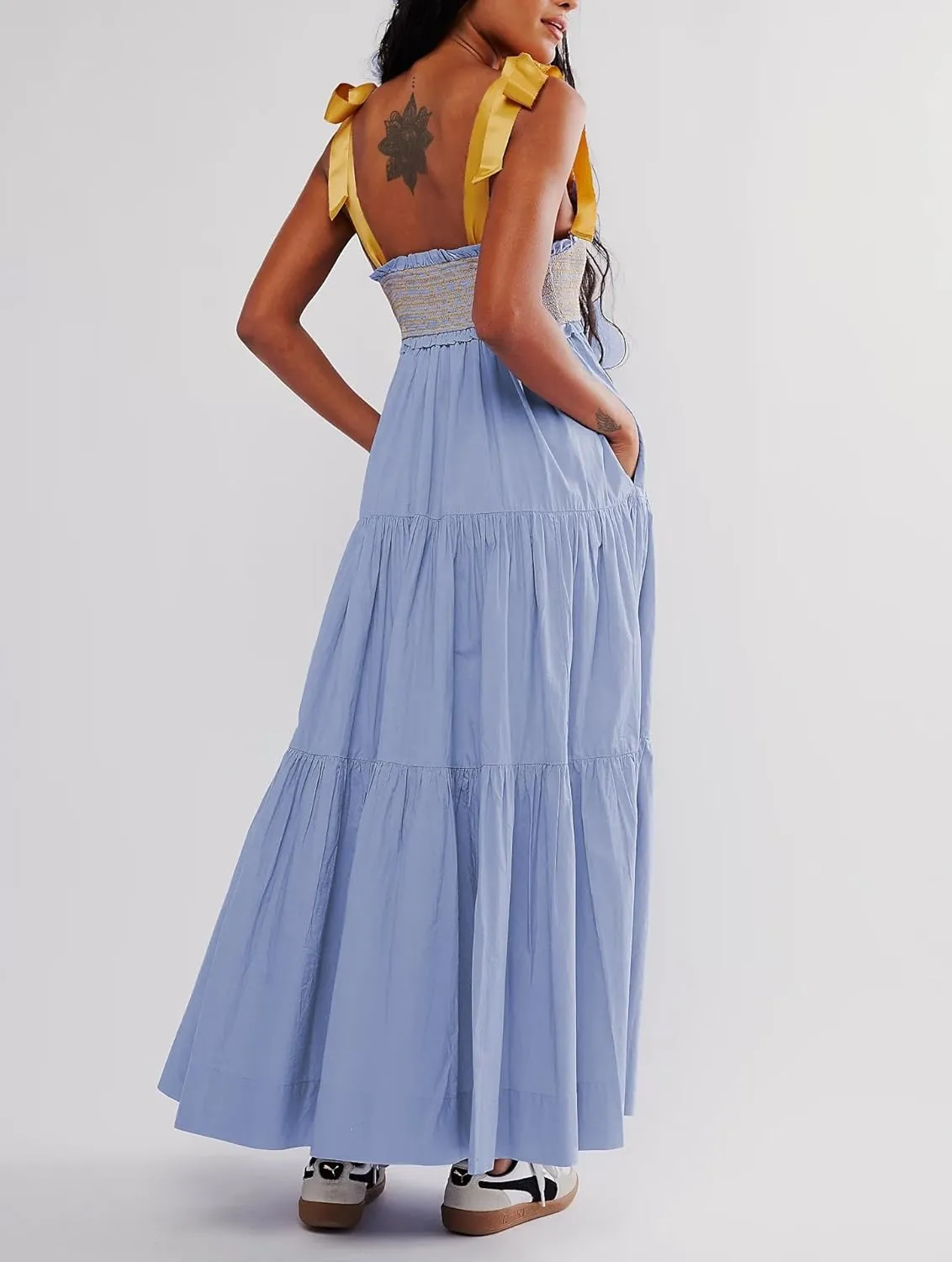 Women Summer Boho Tie Shoulder Dress Floral Smocked Flowy Tiered Maxi Dress Ruffle Going Out Beach Sundress