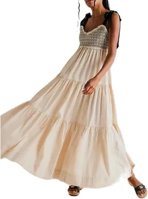 Women Summer Boho Tie Shoulder Dress Floral Smocked Flowy Tiered Maxi Dress Ruffle Going Out Beach Sundress