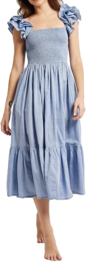 Women Summer Floral Smocked Midi Dress Ruffle Tiered Cap Sleeve Long Dress Flowy Swing A Line Beach Sundress