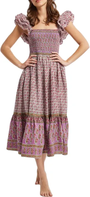 Women Summer Floral Smocked Midi Dress Ruffle Tiered Cap Sleeve Long Dress Flowy Swing A Line Beach Sundress