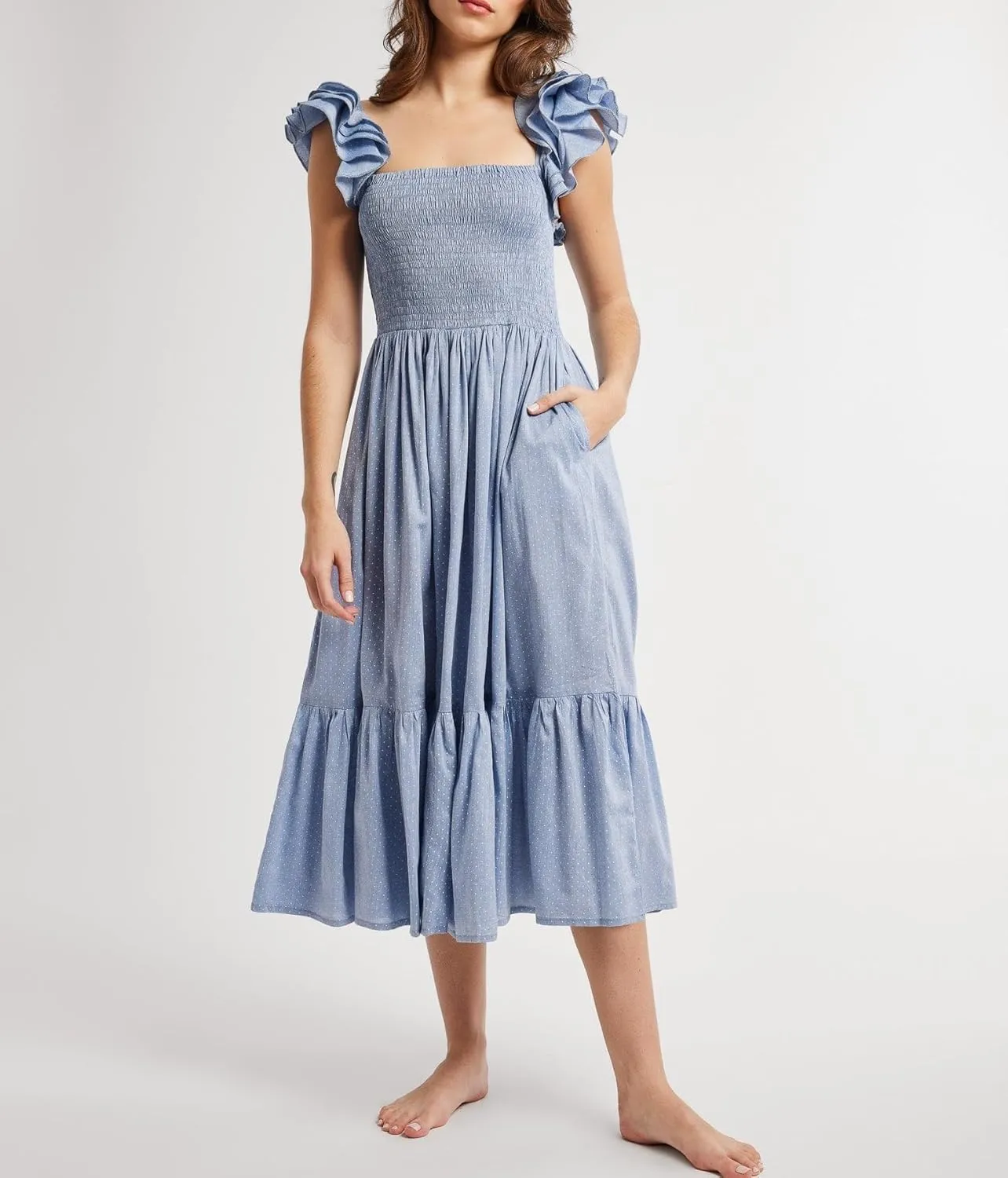 Women Summer Floral Smocked Midi Dress Ruffle Tiered Cap Sleeve Long Dress Flowy Swing A Line Beach Sundress