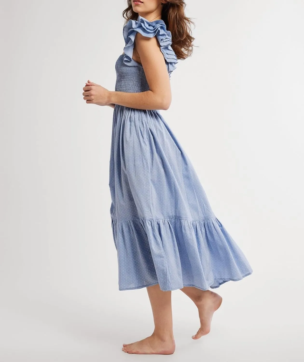 Women Summer Floral Smocked Midi Dress Ruffle Tiered Cap Sleeve Long Dress Flowy Swing A Line Beach Sundress