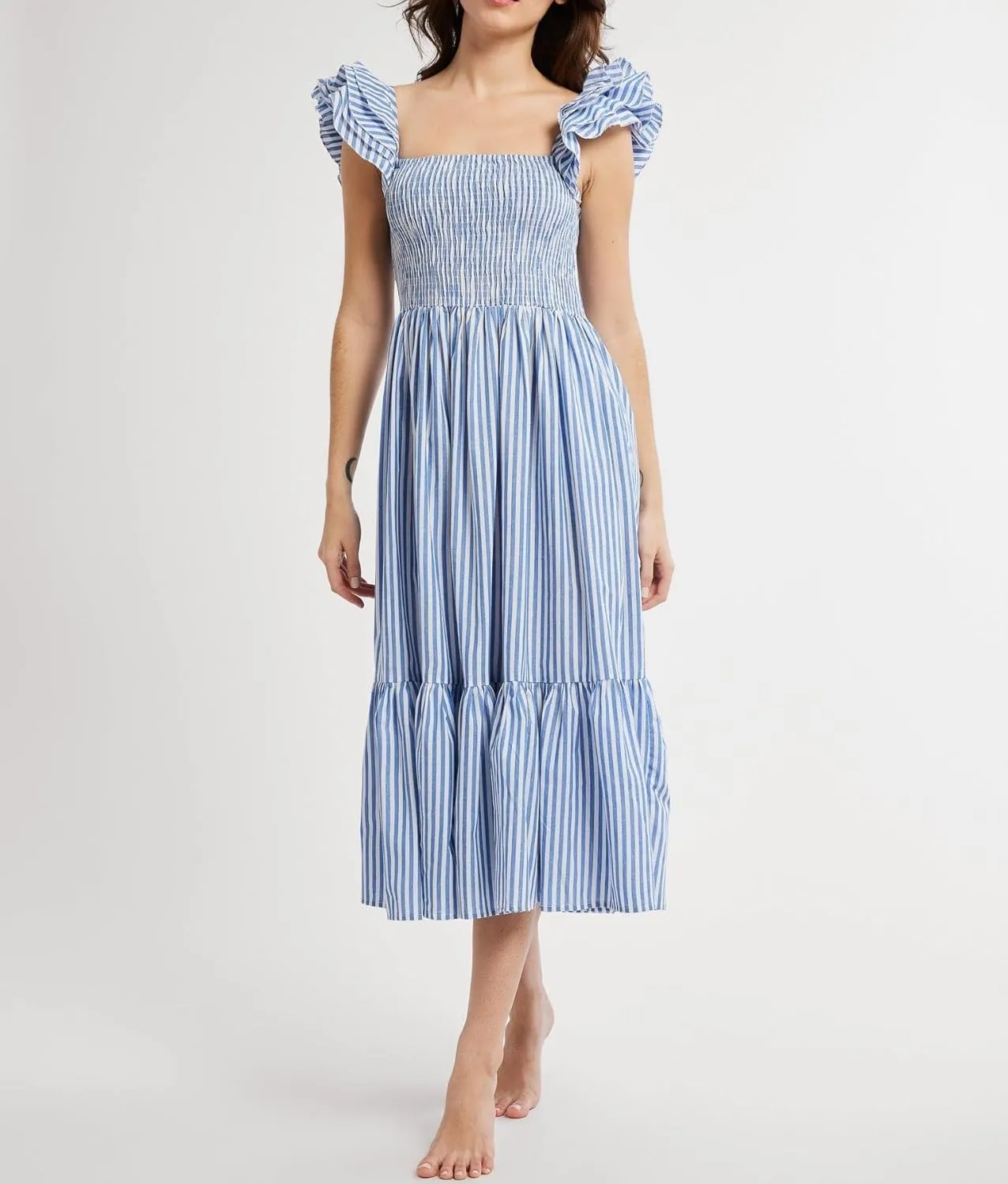 Women Summer Floral Smocked Midi Dress Ruffle Tiered Cap Sleeve Long Dress Flowy Swing A Line Beach Sundress