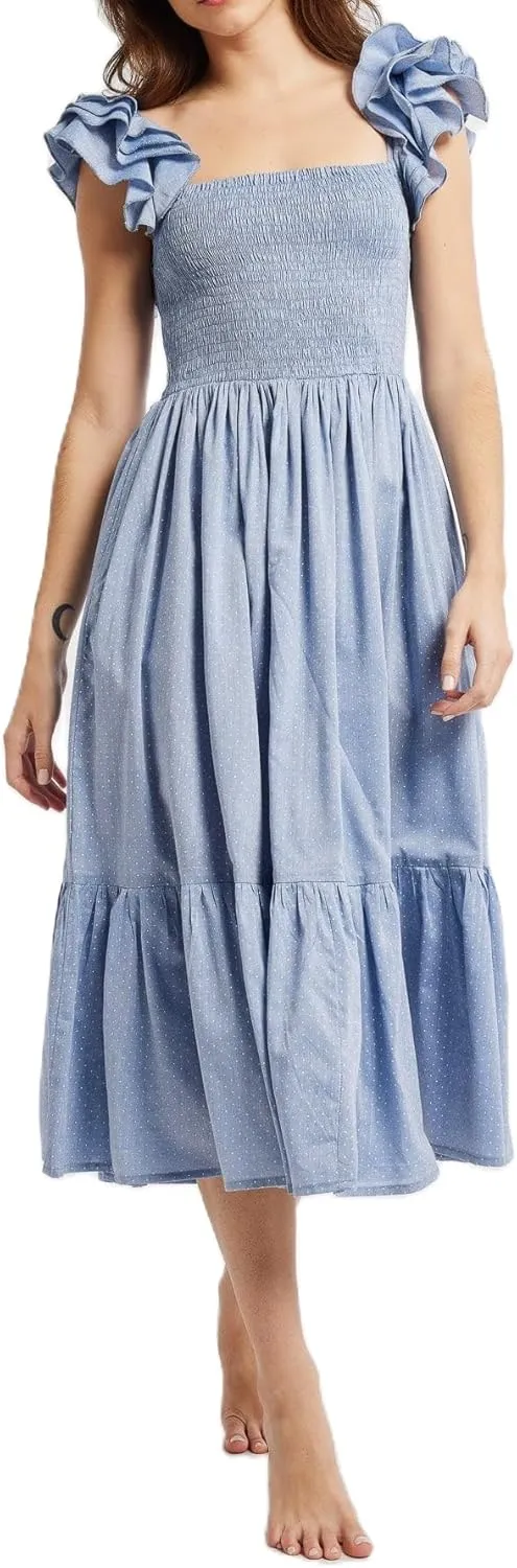Women Summer Floral Smocked Midi Dress Ruffle Tiered Cap Sleeve Long Dress Flowy Swing A Line Beach Sundress