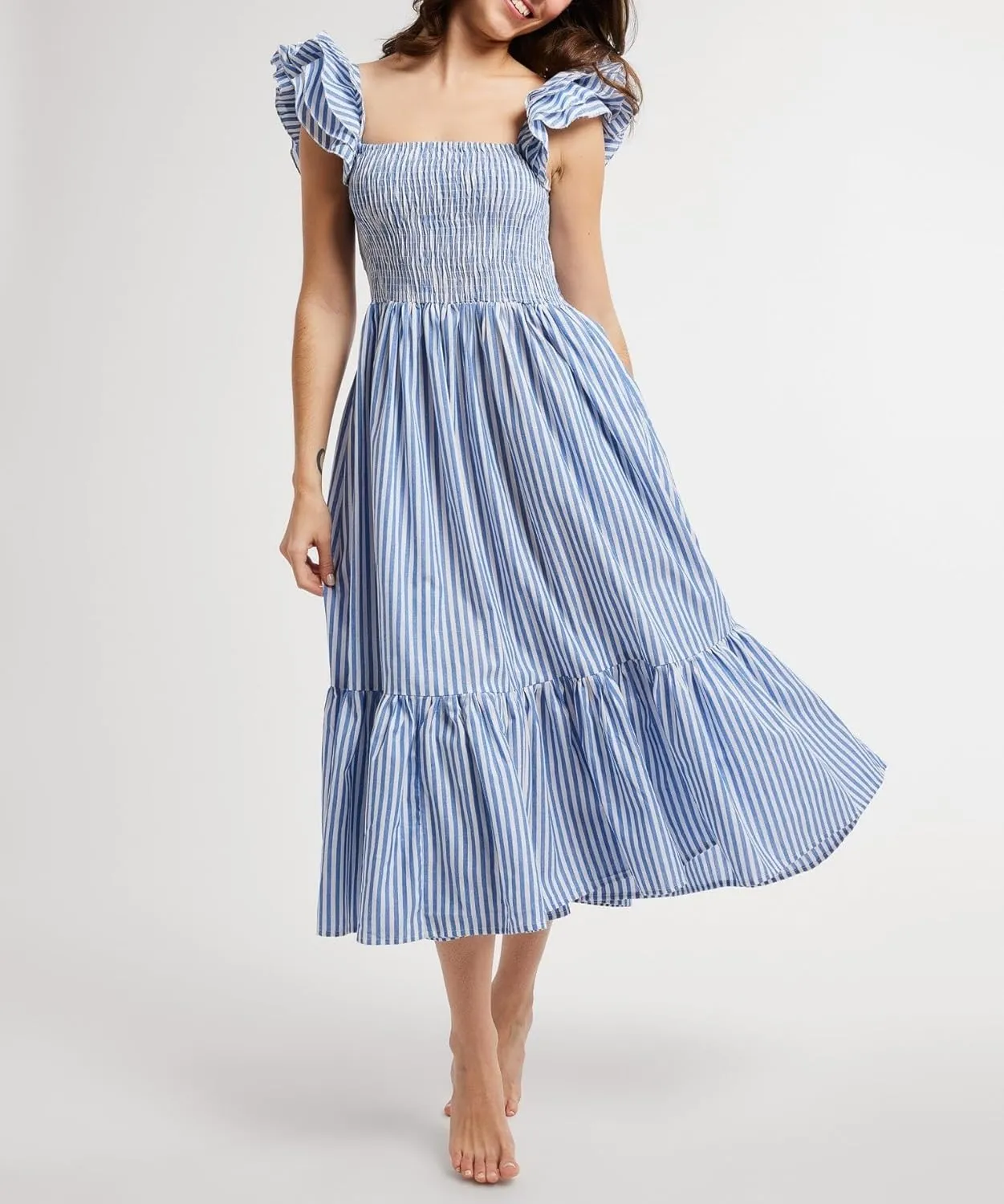 Women Summer Floral Smocked Midi Dress Ruffle Tiered Cap Sleeve Long Dress Flowy Swing A Line Beach Sundress