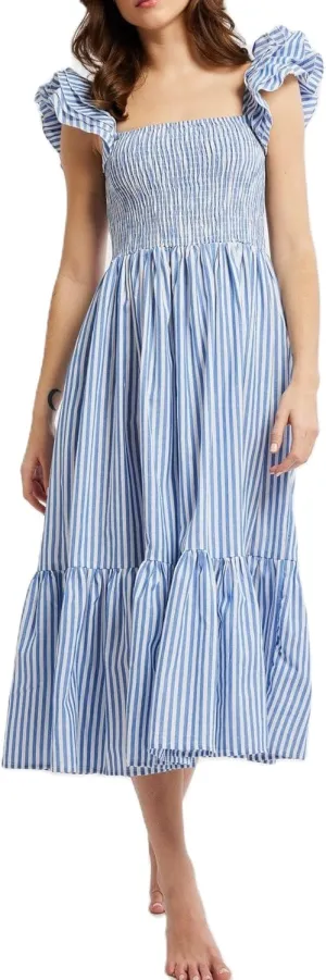 Women Summer Floral Smocked Midi Dress Ruffle Tiered Cap Sleeve Long Dress Flowy Swing A Line Beach Sundress