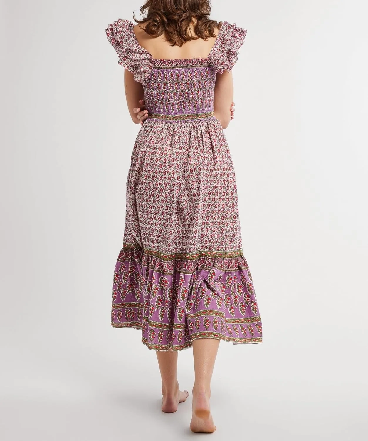 Women Summer Floral Smocked Midi Dress Ruffle Tiered Cap Sleeve Long Dress Flowy Swing A Line Beach Sundress