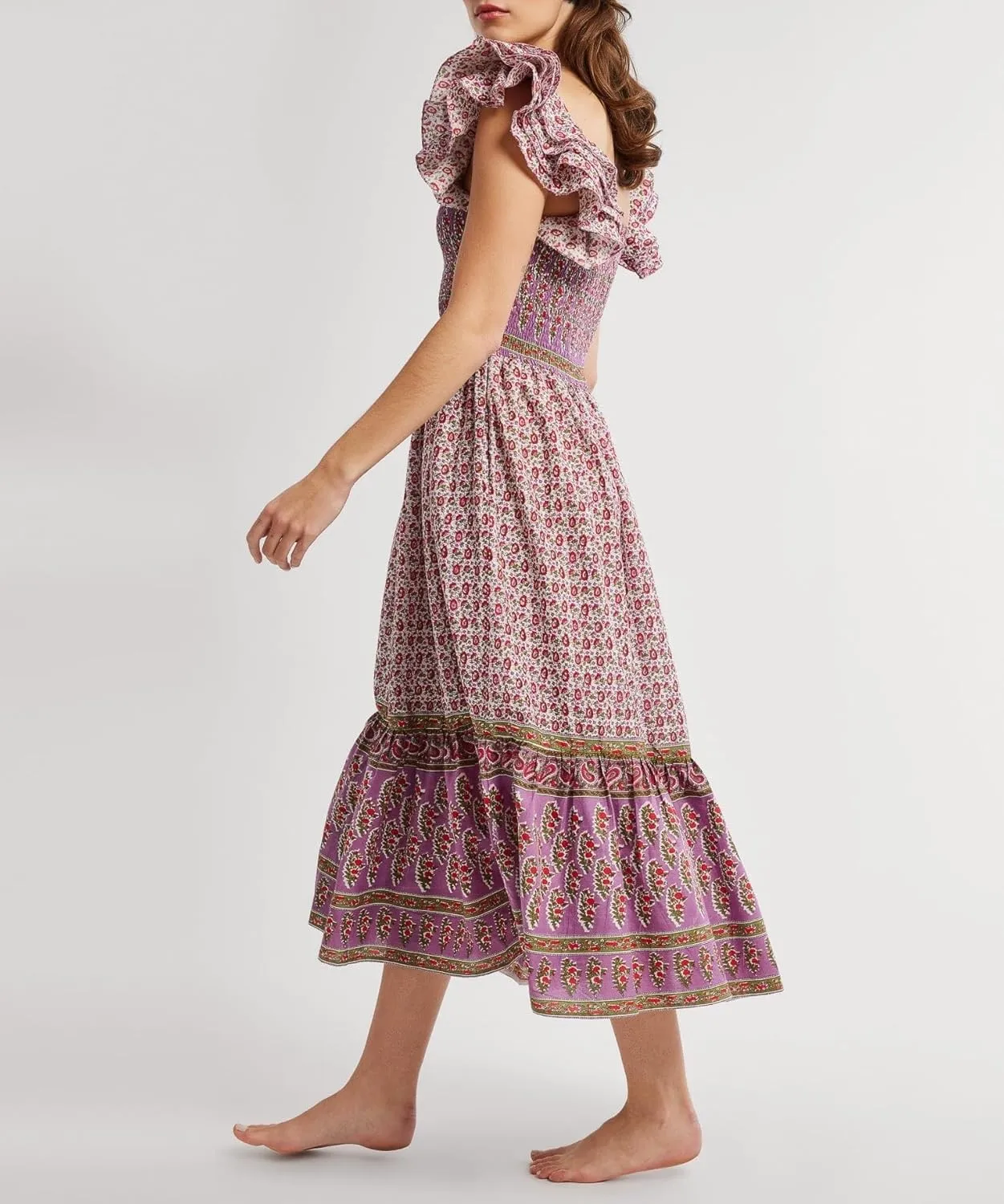 Women Summer Floral Smocked Midi Dress Ruffle Tiered Cap Sleeve Long Dress Flowy Swing A Line Beach Sundress