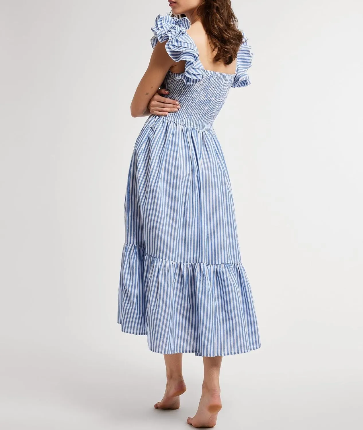 Women Summer Floral Smocked Midi Dress Ruffle Tiered Cap Sleeve Long Dress Flowy Swing A Line Beach Sundress