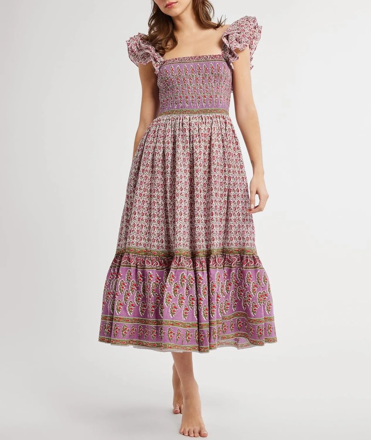 Women Summer Floral Smocked Midi Dress Ruffle Tiered Cap Sleeve Long Dress Flowy Swing A Line Beach Sundress