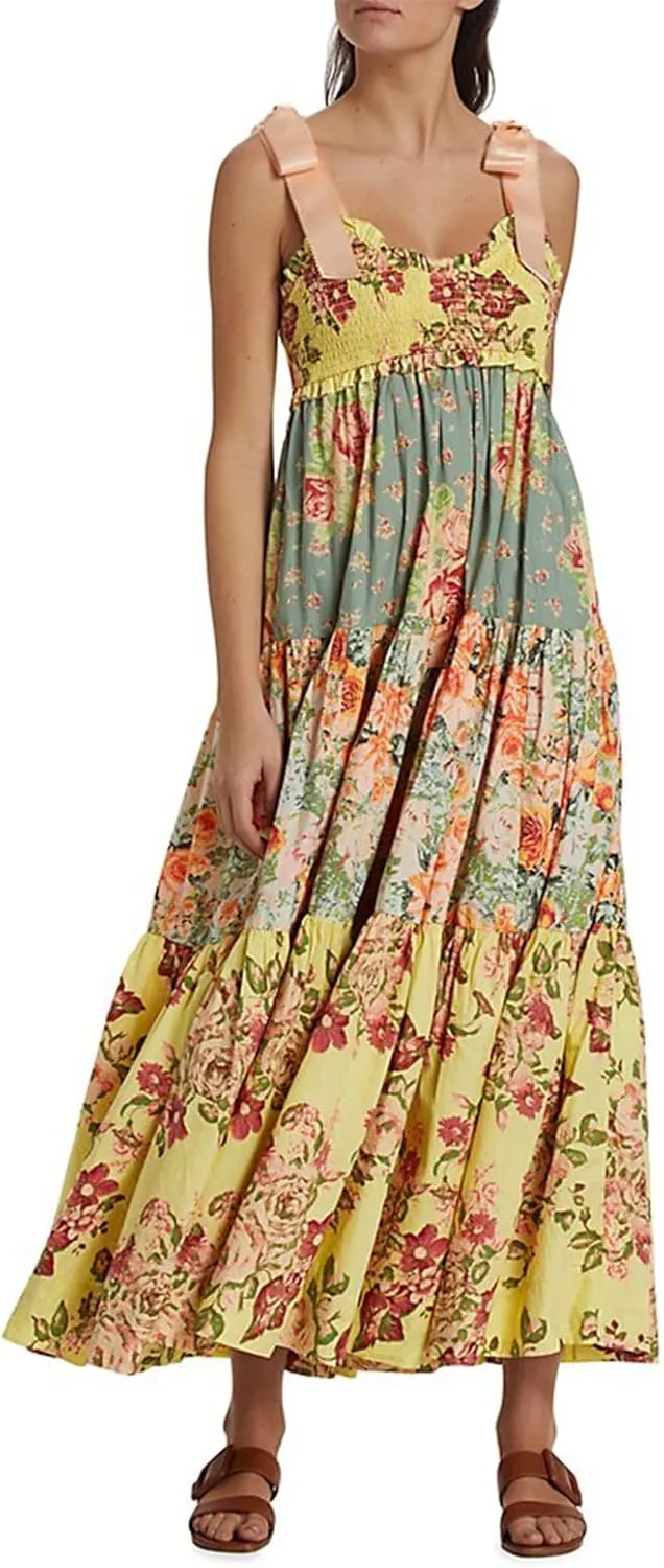 Women Summer Sleeveless Striped Maxi Dress Tie Shoulder Strap Smocked Flowy Dress Y2k Floral Beach Sundress