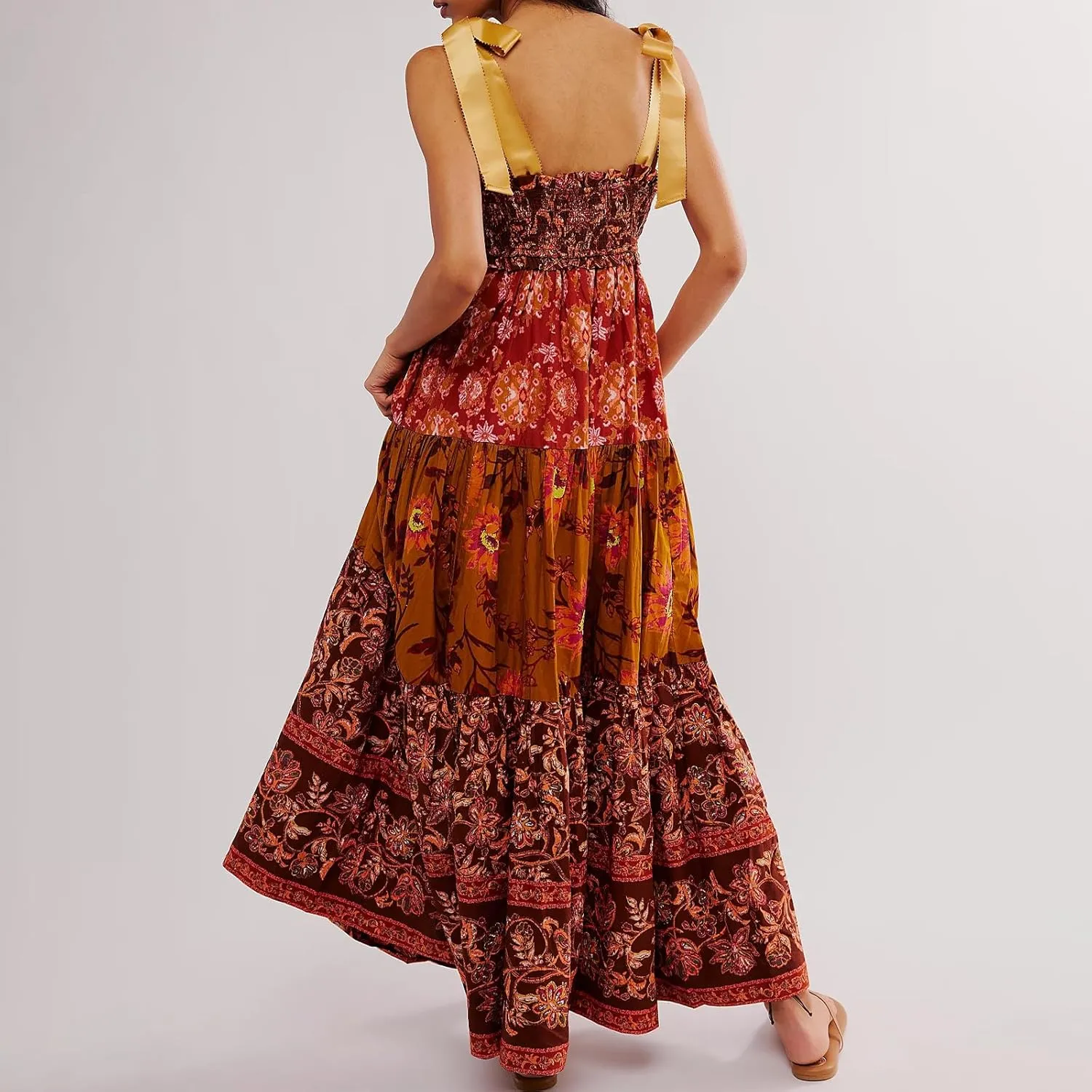 Women Summer Sleeveless Striped Maxi Dress Tie Shoulder Strap Smocked Flowy Dress Y2k Floral Beach Sundress