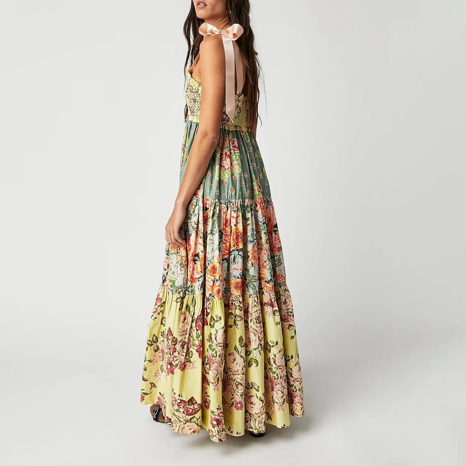 Women Summer Sleeveless Striped Maxi Dress Tie Shoulder Strap Smocked Flowy Dress Y2k Floral Beach Sundress