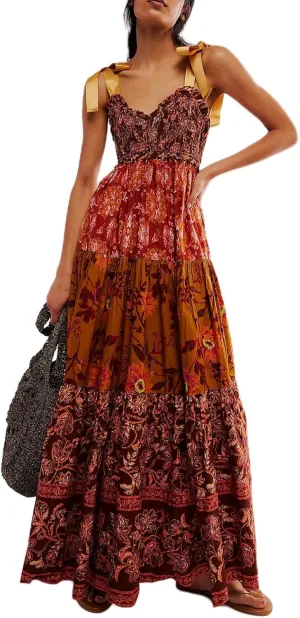 Women Summer Sleeveless Striped Maxi Dress Tie Shoulder Strap Smocked Flowy Dress Y2k Floral Beach Sundress