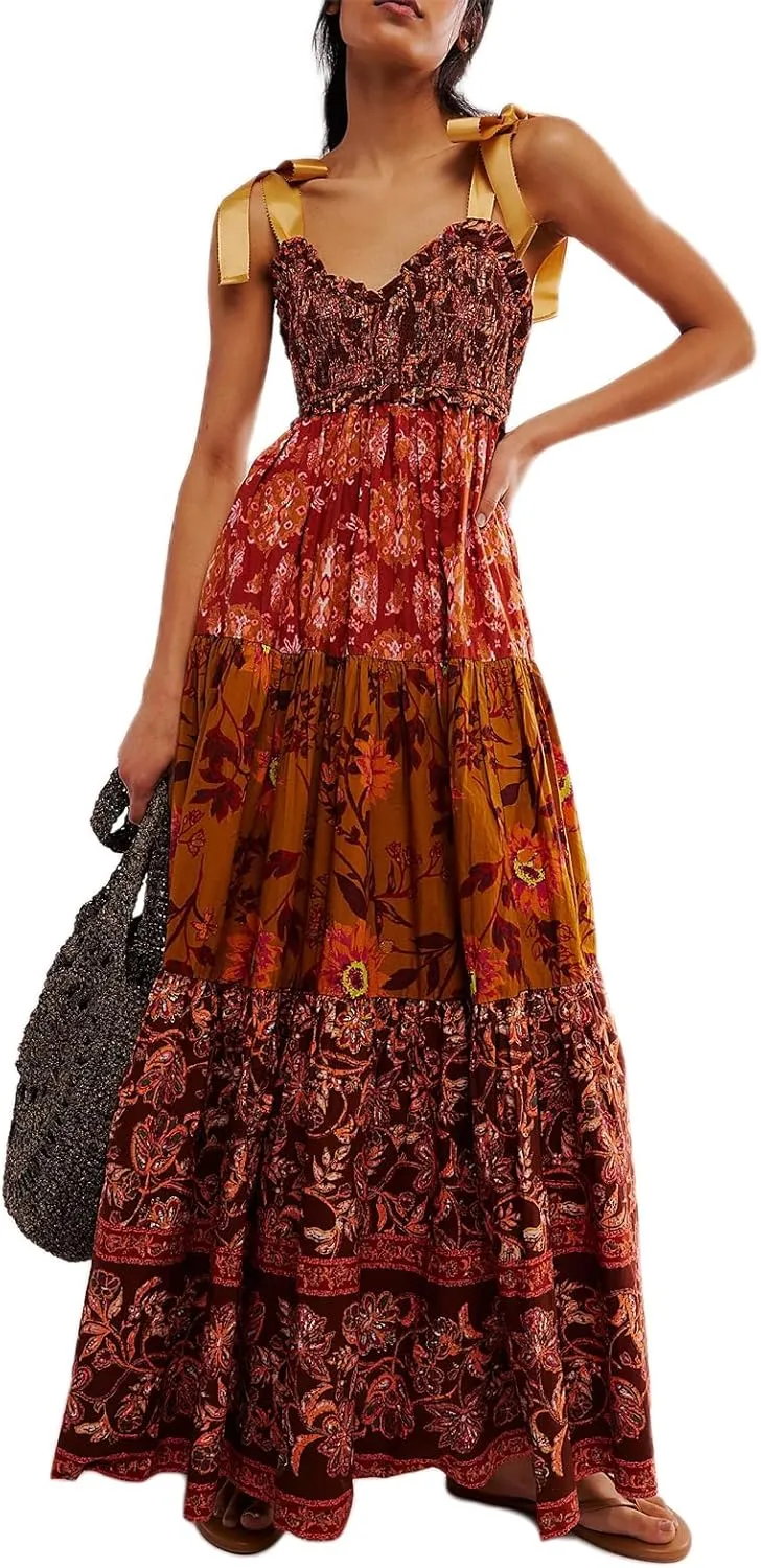 Women Summer Sleeveless Striped Maxi Dress Tie Shoulder Strap Smocked Flowy Dress Y2k Floral Beach Sundress
