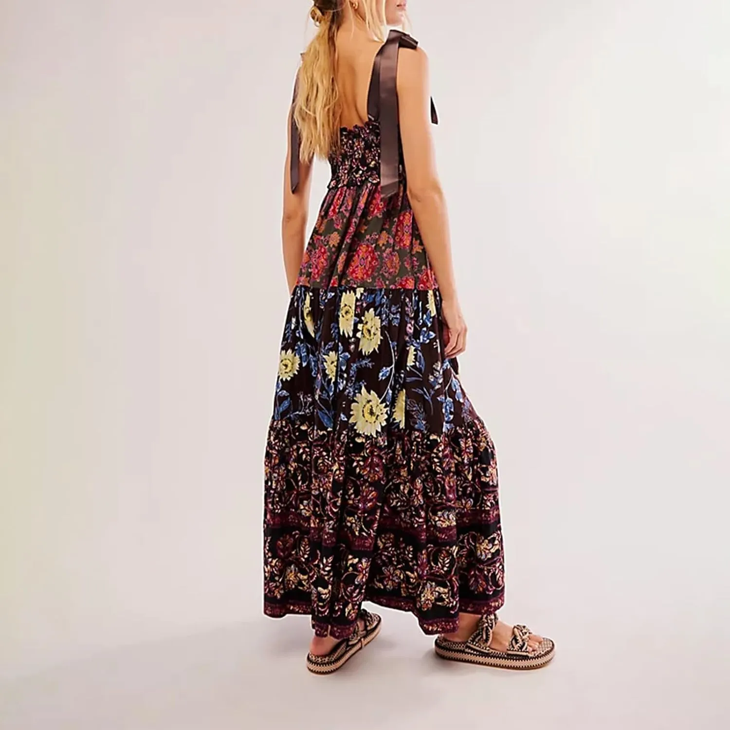 Women Summer Sleeveless Striped Maxi Dress Tie Shoulder Strap Smocked Flowy Dress Y2k Floral Beach Sundress