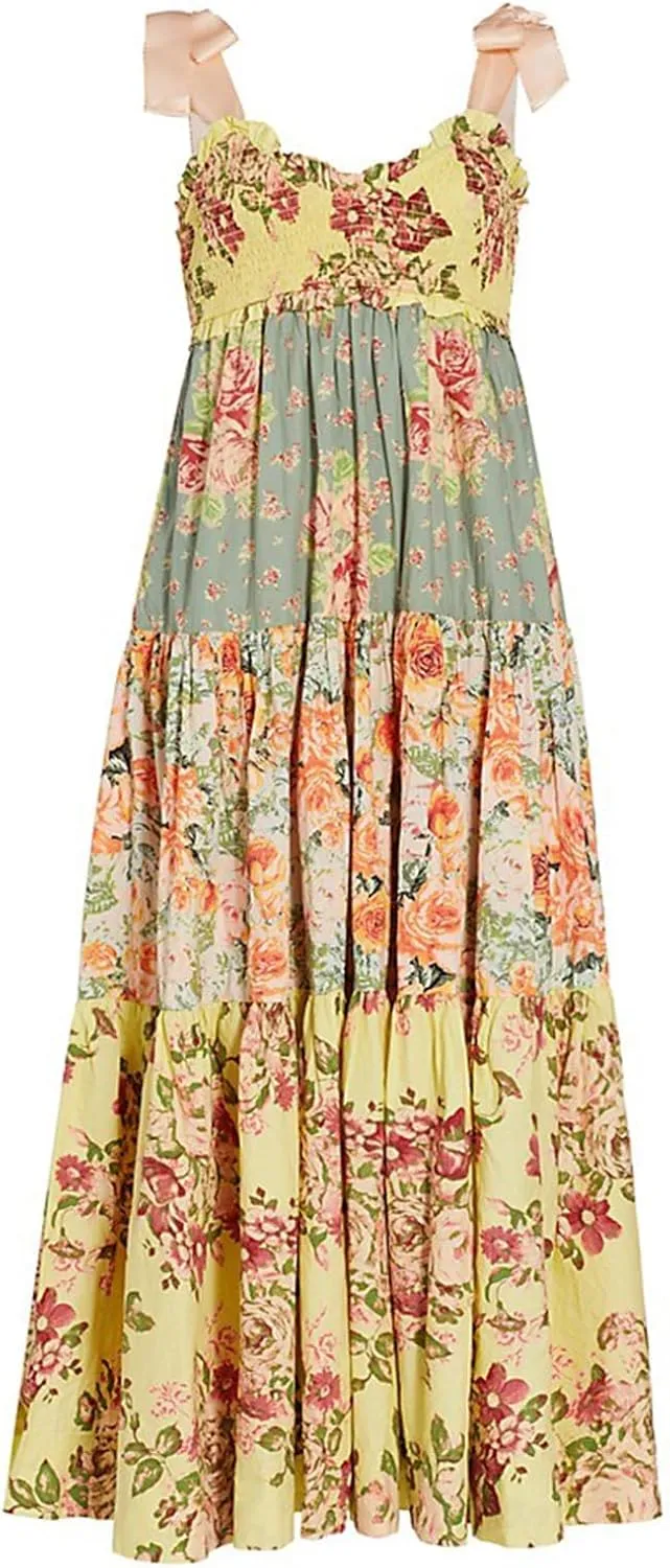 Women Summer Sleeveless Striped Maxi Dress Tie Shoulder Strap Smocked Flowy Dress Y2k Floral Beach Sundress