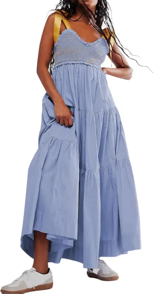 Women Summer Sleeveless Striped Maxi Dress Tie Shoulder Strap Smocked Flowy Dress Y2k Floral Beach Sundress