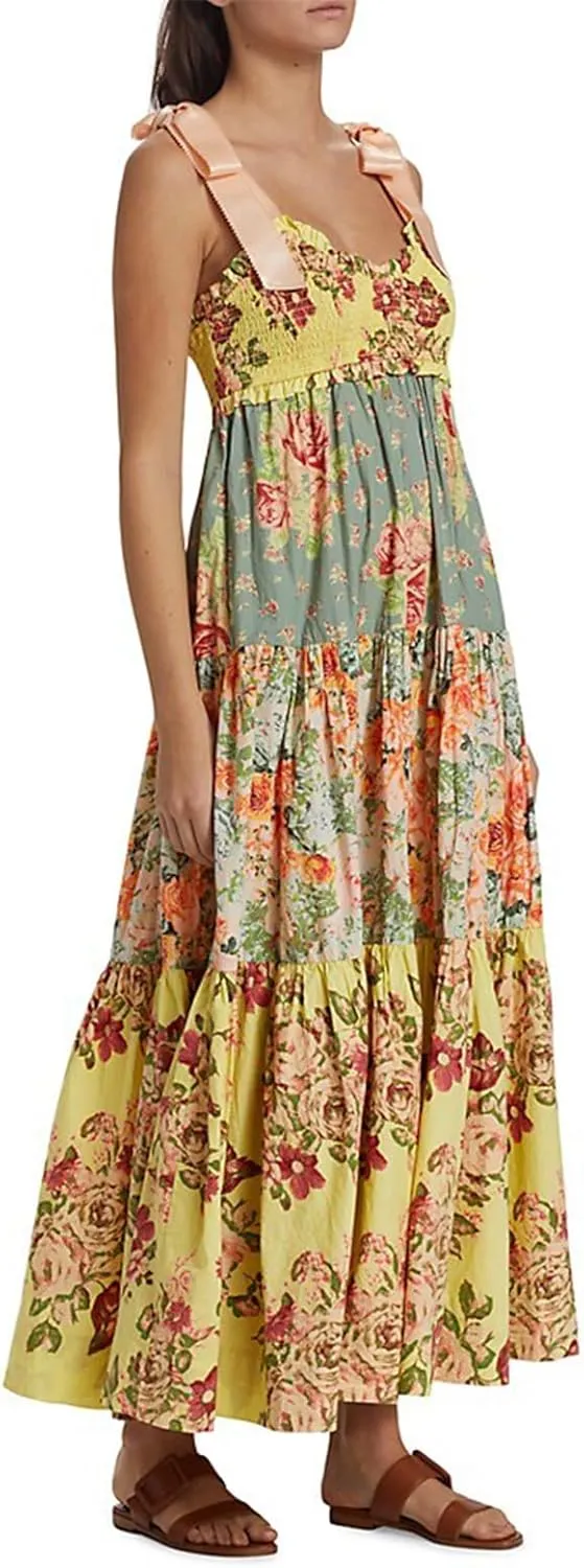 Women Summer Sleeveless Striped Maxi Dress Tie Shoulder Strap Smocked Flowy Dress Y2k Floral Beach Sundress