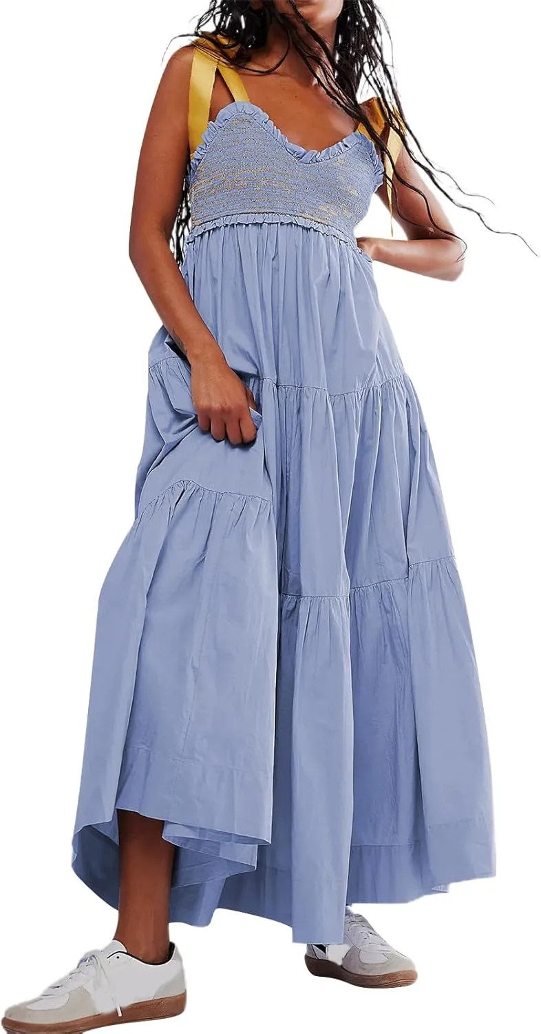 Women Summer Sleeveless Striped Maxi Dress Tie Shoulder Strap Smocked Flowy Dress Y2k Floral Beach Sundress