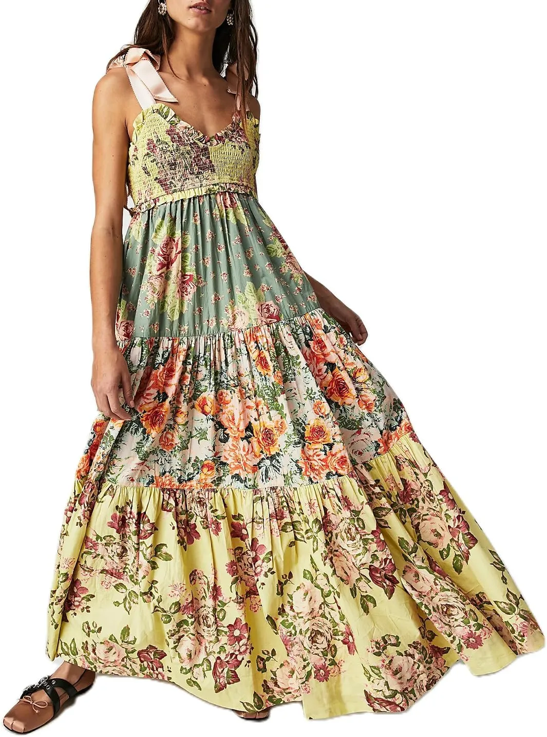 Women Summer Sleeveless Striped Maxi Dress Tie Shoulder Strap Smocked Flowy Dress Y2k Floral Beach Sundress