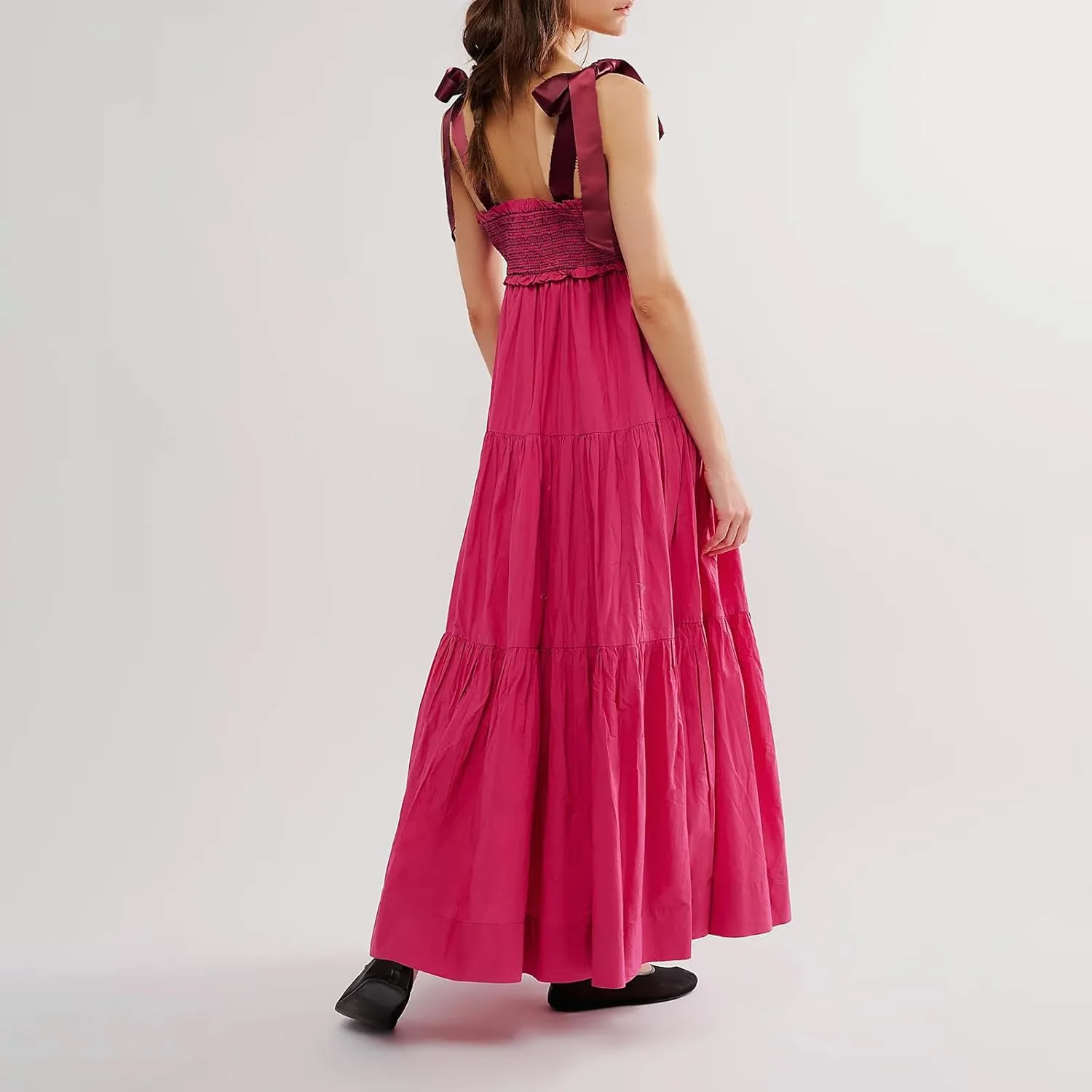 Women Summer Sleeveless Striped Maxi Dress Tie Shoulder Strap Smocked Flowy Dress Y2k Floral Beach Sundress