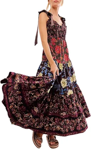 Women Summer Sleeveless Striped Maxi Dress Tie Shoulder Strap Smocked Flowy Dress Y2k Floral Beach Sundress