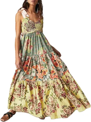 Women Summer Sleeveless Striped Maxi Dress Tie Shoulder Strap Smocked Flowy Dress Y2k Floral Beach Sundress