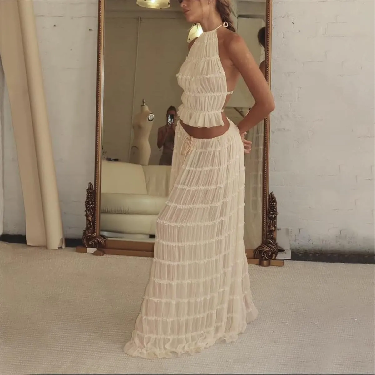Women Two Piece Maxi Skirt Set Y2k Sleeveless Crop Cami Top Ruffle Tiered Flowy Long Skirt Vacation Beach Outfits