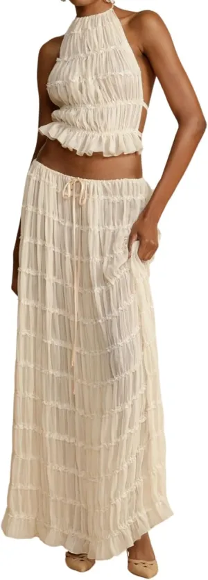 Women Two Piece Maxi Skirt Set Y2k Sleeveless Crop Cami Top Ruffle Tiered Flowy Long Skirt Vacation Beach Outfits