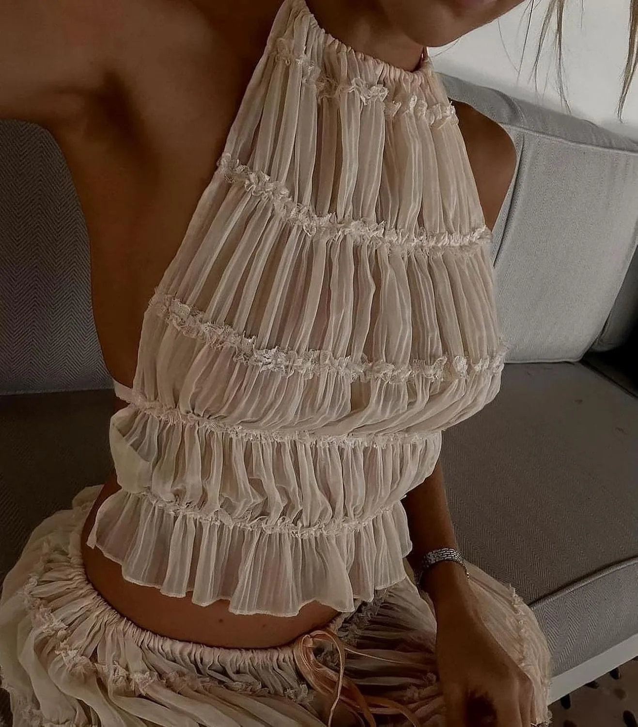 Women Two Piece Maxi Skirt Set Y2k Sleeveless Crop Cami Top Ruffle Tiered Flowy Long Skirt Vacation Beach Outfits