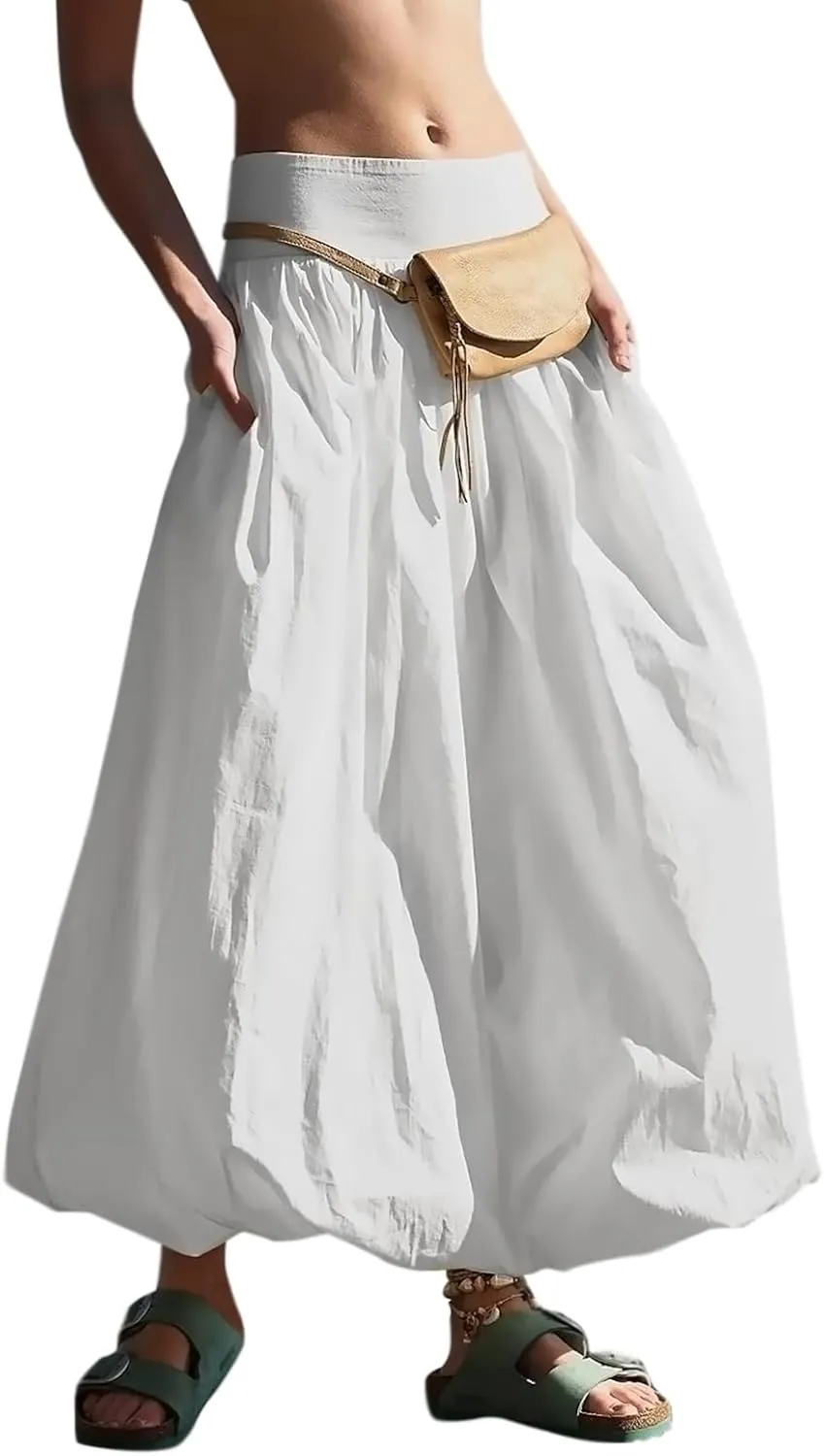 Women Y2k Bubble Maxi Skirt Summer Elastic Low Waist A Line Long Skirt Casual Fairy Ruffle Pleated Midi Dress