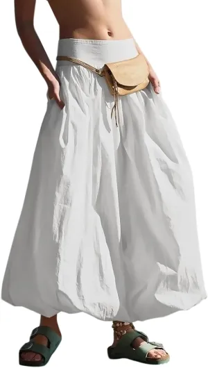 Women Y2k Bubble Maxi Skirt Summer Elastic Low Waist A Line Long Skirt Casual Fairy Ruffle Pleated Midi Dress